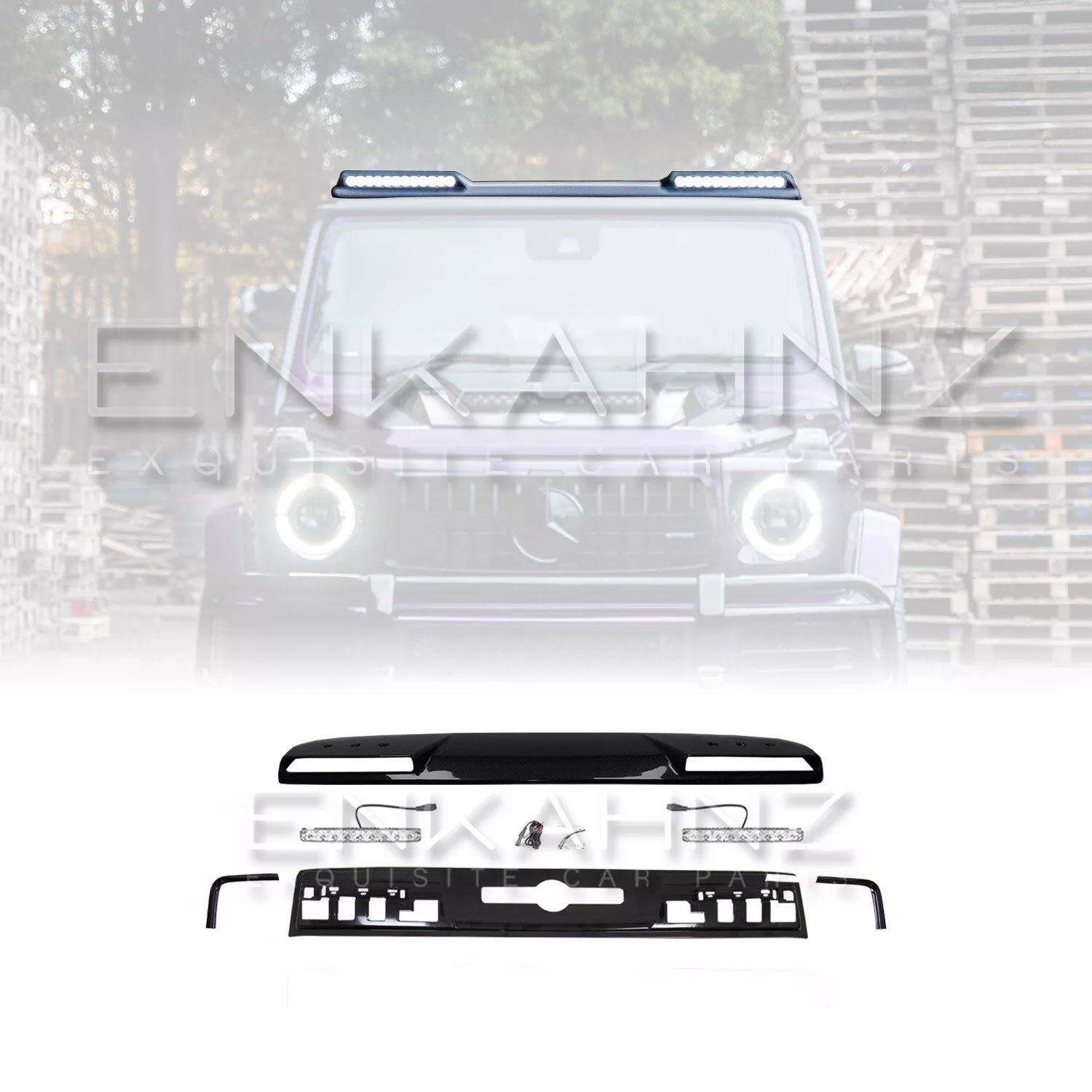 Front view close up of a Purple Mercedes-Benz G-Class fitted with a Roof LED Light Bar in Gloss Black on a white background, kit reveal