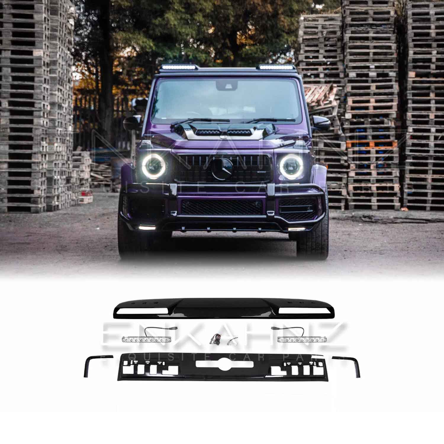 Front view of a Purple Mercedes-Benz G-Class fitted with a Roof LED Light Bar in Gloss Black on a white background