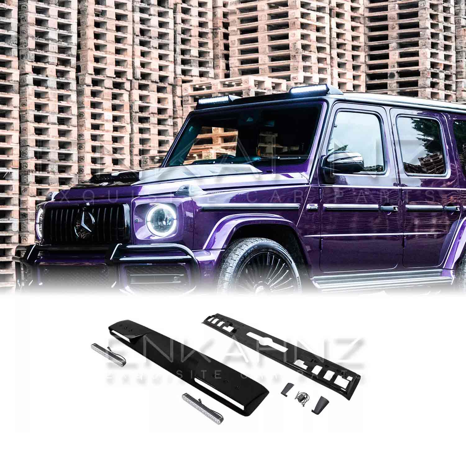 Front quarter view close up of a Purple Mercedes-Benz G-Class fitted with a Roof LED Light Bar in Gloss Black on a white background