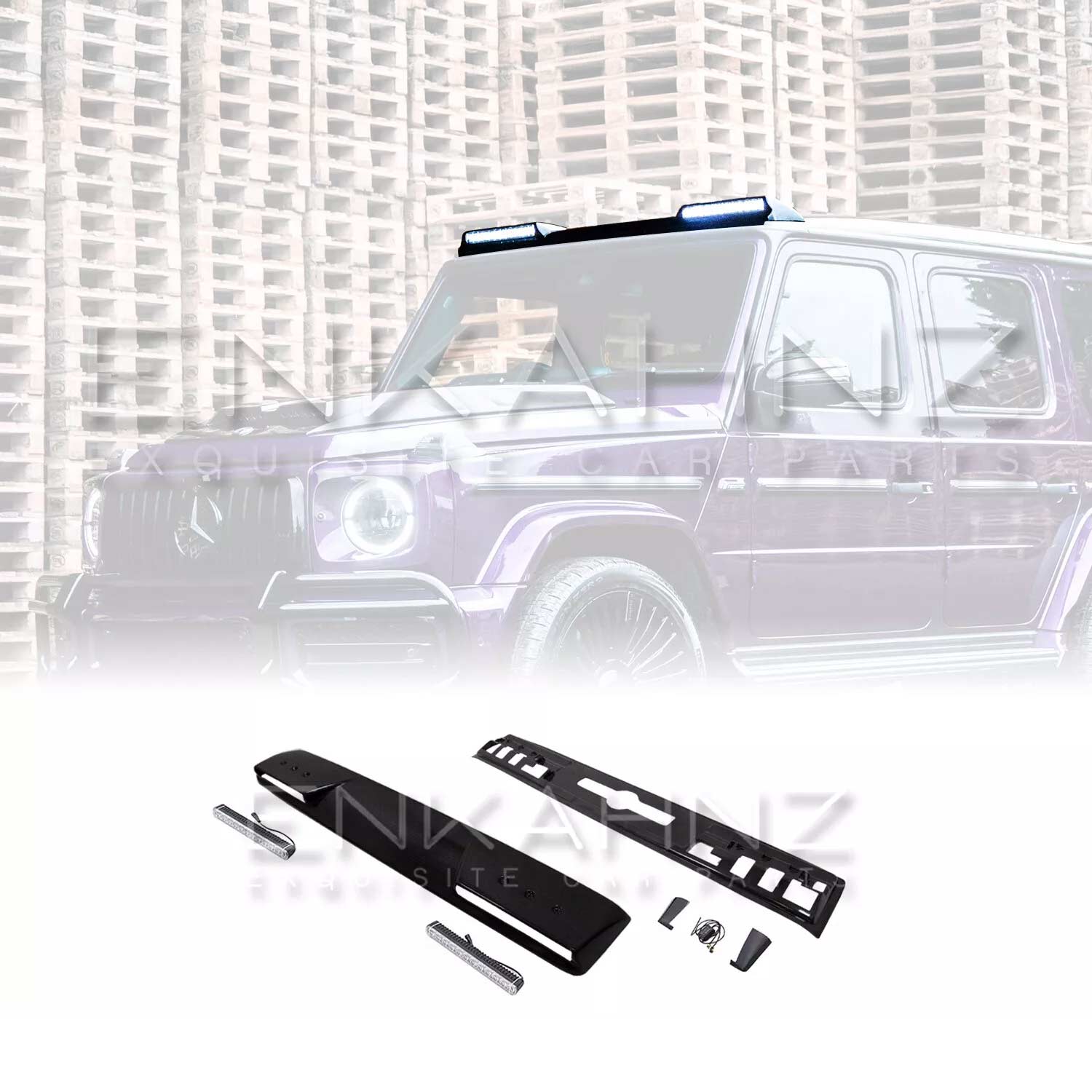 Front quarter view close up of a Purple Mercedes-Benz G-Class fitted with a Roof LED Light Bar in Gloss Black on a white background, kit reveal