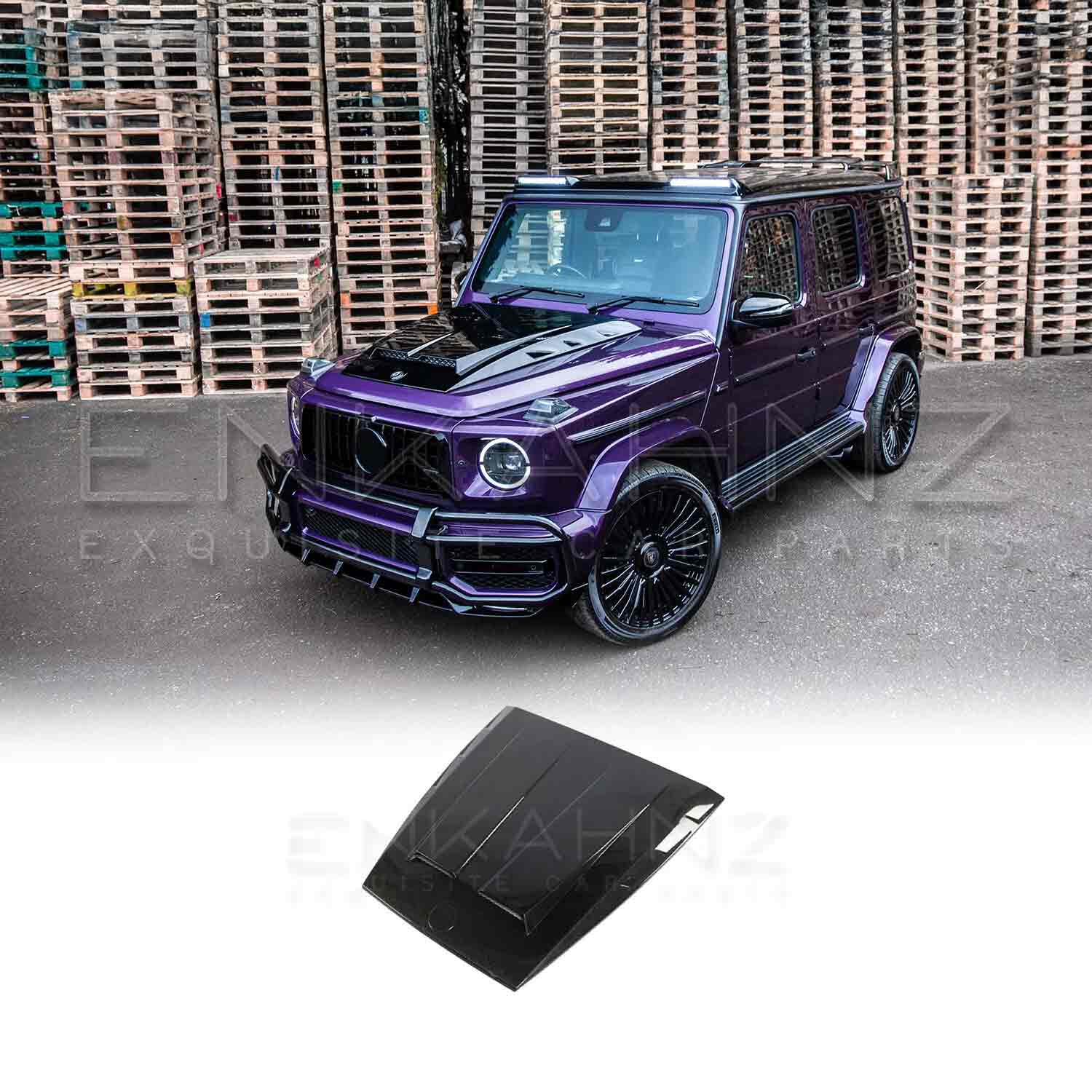 Purple Mercedes-Benz G-Class SUV with a gloss black bonnet scoop BRBS style in front of stacked wooden pallets