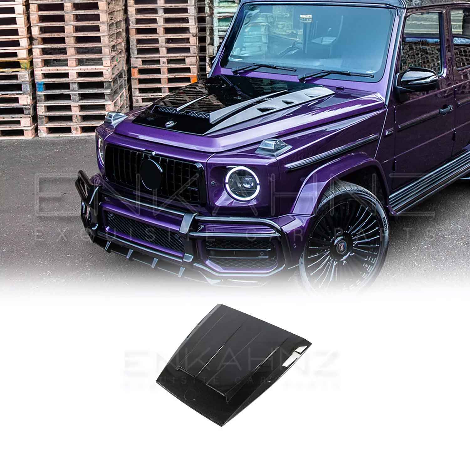 Purple Mercedes-Benz G-Class SUV with a gloss black bonnet scoop BRBS style on a white background