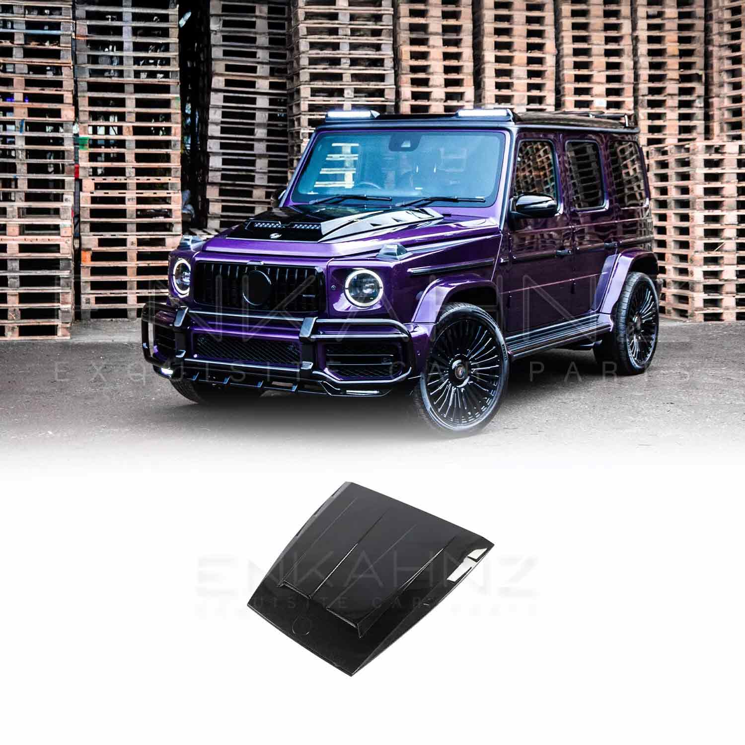 Purple Mercedes-Benz G-Class SUV with a gloss black bonnet scoop, BRBS style 