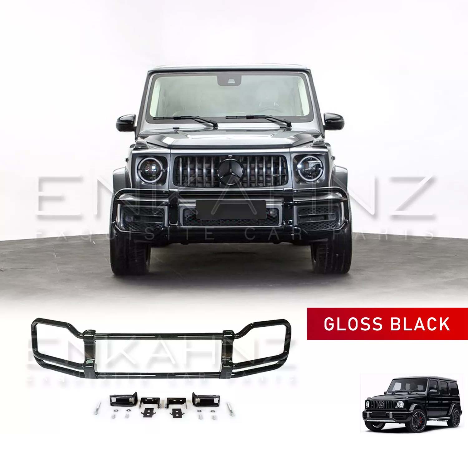 Front view of a Gloss black bull bar for Mercedes G Wagon W463A 2018-2022 on a white background